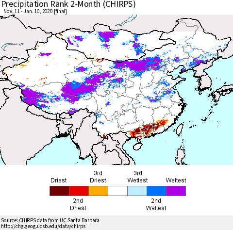 China and Taiwan Precipitation Rank 2-Month (CHIRPS) Thematic Map For 11/11/2019 - 1/10/2020