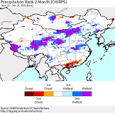 China, Mongolia and Taiwan Precipitation Rank since 1981, 2-Month (CHIRPS) Thematic Map For 11/21/2019 - 1/20/2020