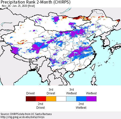 China, Mongolia and Taiwan Precipitation Rank since 1981, 2-Month (CHIRPS) Thematic Map For 11/26/2019 - 1/25/2020
