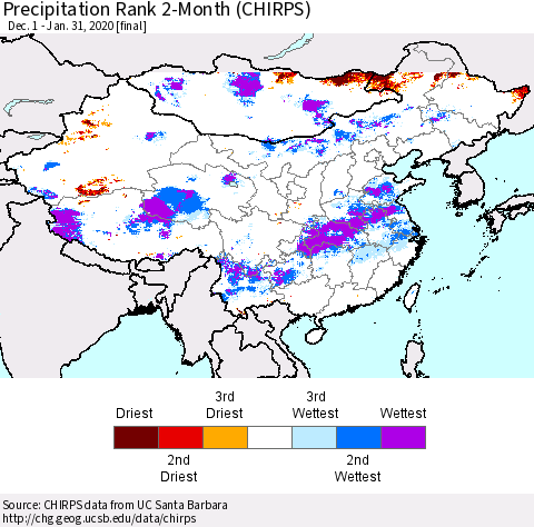 China, Mongolia and Taiwan Precipitation Rank since 1981, 2-Month (CHIRPS) Thematic Map For 12/1/2019 - 1/31/2020