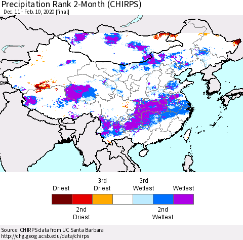 China, Mongolia and Taiwan Precipitation Rank since 1981, 2-Month (CHIRPS) Thematic Map For 12/11/2019 - 2/10/2020