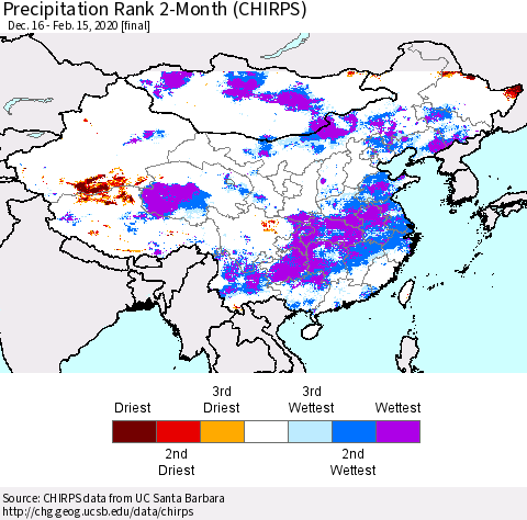 China, Mongolia and Taiwan Precipitation Rank since 1981, 2-Month (CHIRPS) Thematic Map For 12/16/2019 - 2/15/2020