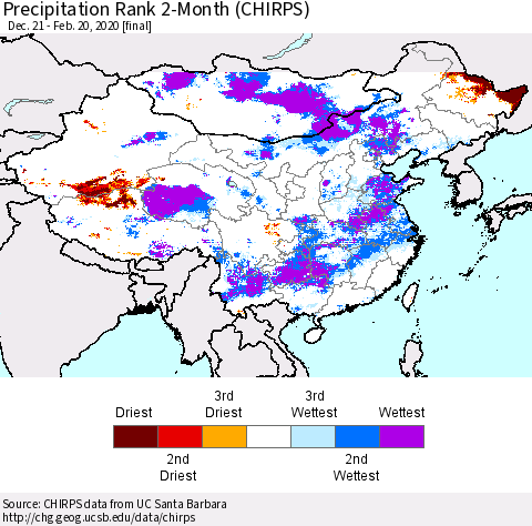 China and Taiwan Precipitation Rank 2-Month (CHIRPS) Thematic Map For 12/21/2019 - 2/20/2020