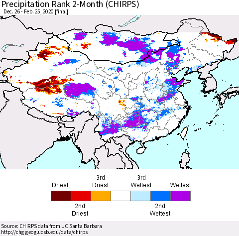 China, Mongolia and Taiwan Precipitation Rank since 1981, 2-Month (CHIRPS) Thematic Map For 12/26/2019 - 2/25/2020