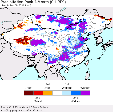 China and Taiwan Precipitation Rank 2-Month (CHIRPS) Thematic Map For 1/1/2020 - 2/29/2020