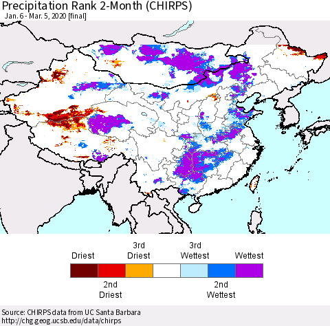 China and Taiwan Precipitation Rank 2-Month (CHIRPS) Thematic Map For 1/6/2020 - 3/5/2020