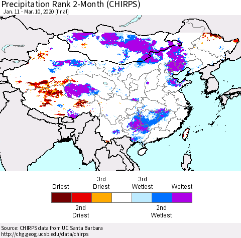 China, Mongolia and Taiwan Precipitation Rank since 1981, 2-Month (CHIRPS) Thematic Map For 1/11/2020 - 3/10/2020