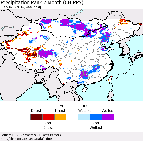 China and Taiwan Precipitation Rank 2-Month (CHIRPS) Thematic Map For 1/16/2020 - 3/15/2020