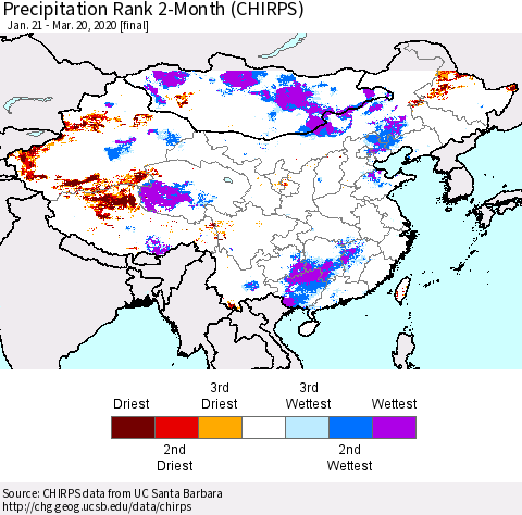 China and Taiwan Precipitation Rank 2-Month (CHIRPS) Thematic Map For 1/21/2020 - 3/20/2020