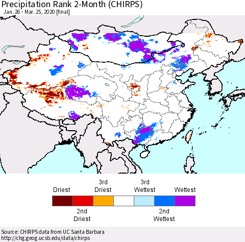 China and Taiwan Precipitation Rank 2-Month (CHIRPS) Thematic Map For 1/26/2020 - 3/25/2020