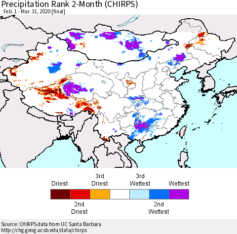 China and Taiwan Precipitation Rank 2-Month (CHIRPS) Thematic Map For 2/1/2020 - 3/31/2020