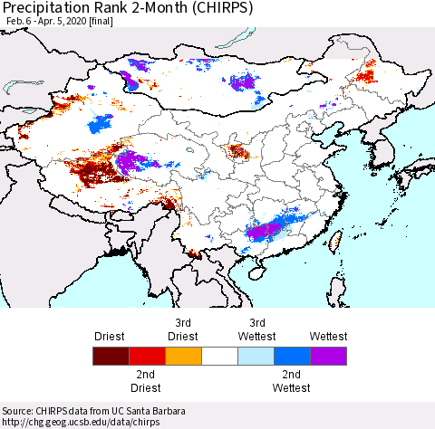 China, Mongolia and Taiwan Precipitation Rank since 1981, 2-Month (CHIRPS) Thematic Map For 2/6/2020 - 4/5/2020