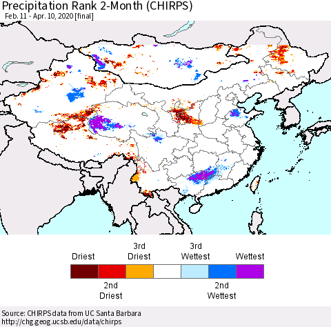 China, Mongolia and Taiwan Precipitation Rank since 1981, 2-Month (CHIRPS) Thematic Map For 2/11/2020 - 4/10/2020