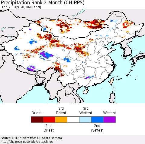 China and Taiwan Precipitation Rank 2-Month (CHIRPS) Thematic Map For 2/21/2020 - 4/20/2020
