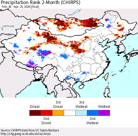 China and Taiwan Precipitation Rank 2-Month (CHIRPS) Thematic Map For 2/26/2020 - 4/25/2020