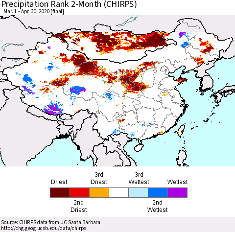 China and Taiwan Precipitation Rank 2-Month (CHIRPS) Thematic Map For 3/1/2020 - 4/30/2020