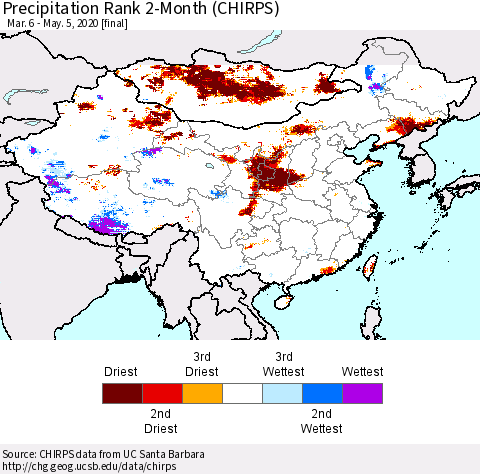 China, Mongolia and Taiwan Precipitation Rank since 1981, 2-Month (CHIRPS) Thematic Map For 3/6/2020 - 5/5/2020