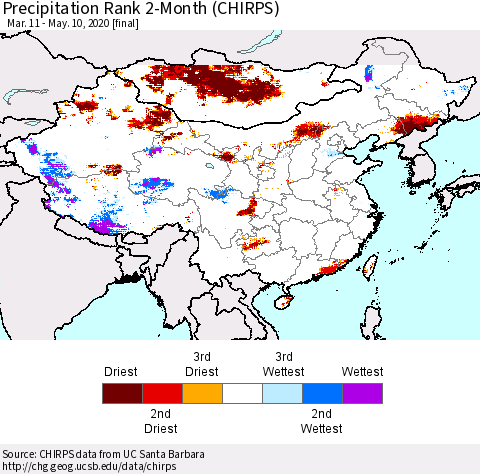 China and Taiwan Precipitation Rank 2-Month (CHIRPS) Thematic Map For 3/11/2020 - 5/10/2020