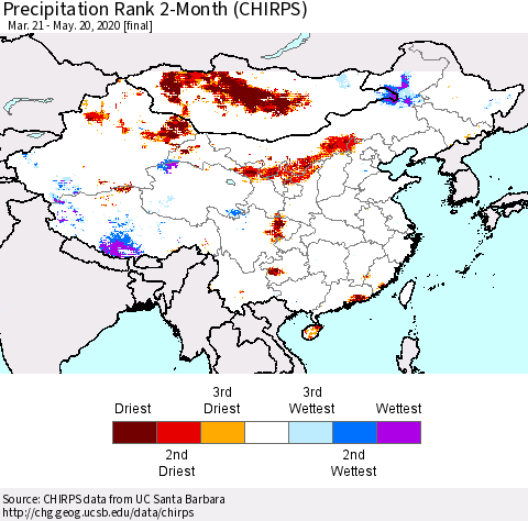 China and Taiwan Precipitation Rank 2-Month (CHIRPS) Thematic Map For 3/21/2020 - 5/20/2020