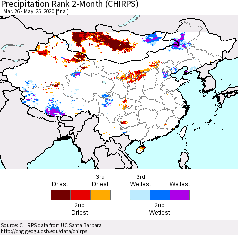 China and Taiwan Precipitation Rank 2-Month (CHIRPS) Thematic Map For 3/26/2020 - 5/25/2020