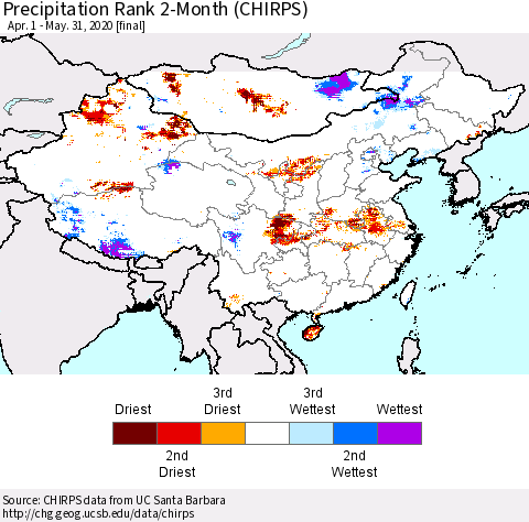 China and Taiwan Precipitation Rank 2-Month (CHIRPS) Thematic Map For 4/1/2020 - 5/31/2020