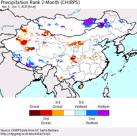 China and Taiwan Precipitation Rank 2-Month (CHIRPS) Thematic Map For 4/6/2020 - 6/5/2020