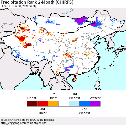 China, Mongolia and Taiwan Precipitation Rank since 1981, 2-Month (CHIRPS) Thematic Map For 4/11/2020 - 6/10/2020