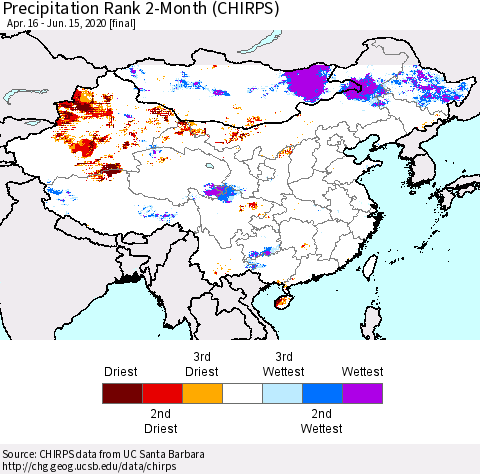 China and Taiwan Precipitation Rank 2-Month (CHIRPS) Thematic Map For 4/16/2020 - 6/15/2020