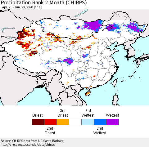 China and Taiwan Precipitation Rank 2-Month (CHIRPS) Thematic Map For 4/21/2020 - 6/20/2020