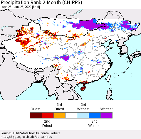 China and Taiwan Precipitation Rank 2-Month (CHIRPS) Thematic Map For 4/26/2020 - 6/25/2020