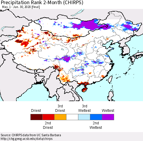 China, Mongolia and Taiwan Precipitation Rank since 1981, 2-Month (CHIRPS) Thematic Map For 5/1/2020 - 6/30/2020