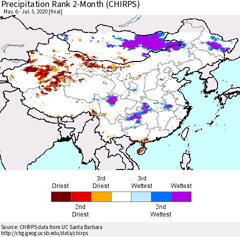 China, Mongolia and Taiwan Precipitation Rank since 1981, 2-Month (CHIRPS) Thematic Map For 5/6/2020 - 7/5/2020