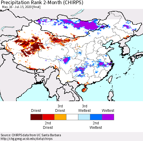 China and Taiwan Precipitation Rank 2-Month (CHIRPS) Thematic Map For 5/16/2020 - 7/15/2020