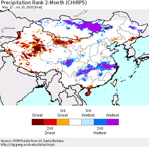 China and Taiwan Precipitation Rank 2-Month (CHIRPS) Thematic Map For 5/21/2020 - 7/20/2020