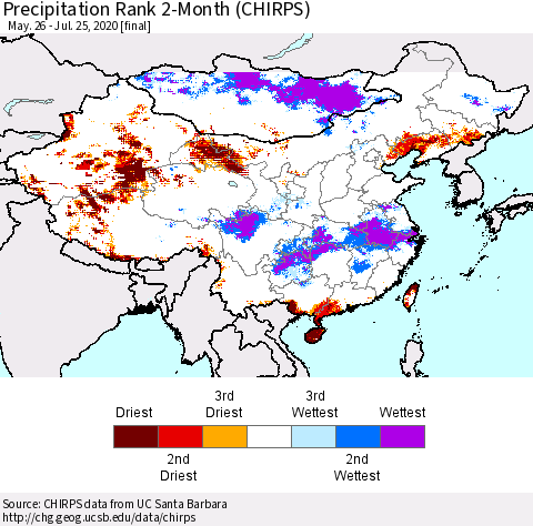 China and Taiwan Precipitation Rank 2-Month (CHIRPS) Thematic Map For 5/26/2020 - 7/25/2020