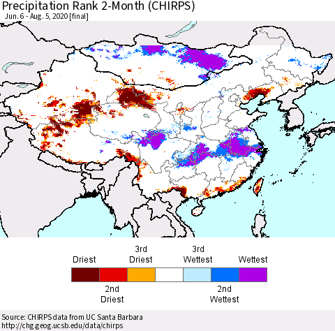 China and Taiwan Precipitation Rank 2-Month (CHIRPS) Thematic Map For 6/6/2020 - 8/5/2020