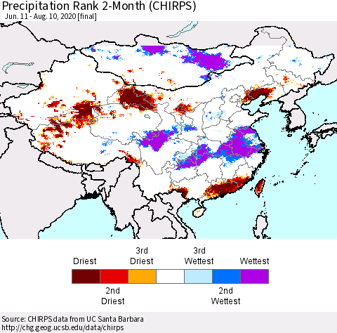 China, Mongolia and Taiwan Precipitation Rank since 1981, 2-Month (CHIRPS) Thematic Map For 6/11/2020 - 8/10/2020