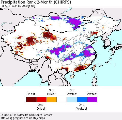China and Taiwan Precipitation Rank 2-Month (CHIRPS) Thematic Map For 6/16/2020 - 8/15/2020