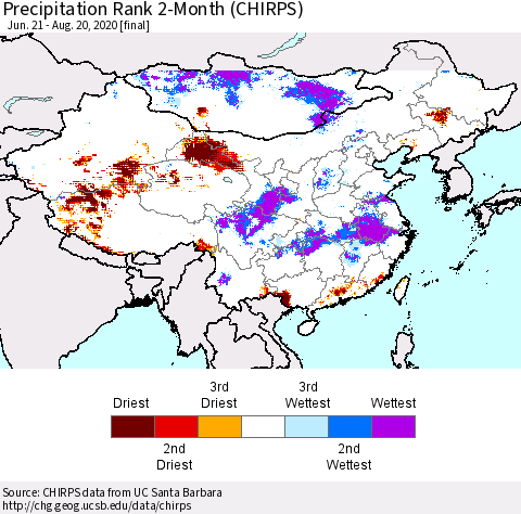 China, Mongolia and Taiwan Precipitation Rank since 1981, 2-Month (CHIRPS) Thematic Map For 6/21/2020 - 8/20/2020