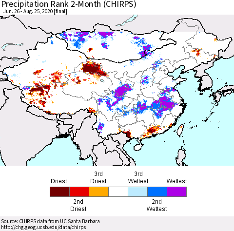 China and Taiwan Precipitation Rank 2-Month (CHIRPS) Thematic Map For 6/26/2020 - 8/25/2020