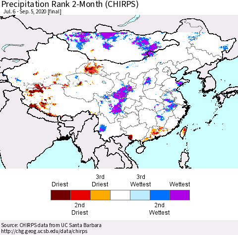 China, Mongolia and Taiwan Precipitation Rank since 1981, 2-Month (CHIRPS) Thematic Map For 7/6/2020 - 9/5/2020