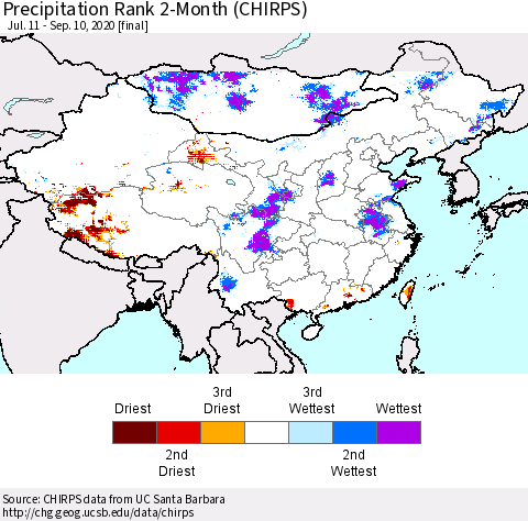 China, Mongolia and Taiwan Precipitation Rank since 1981, 2-Month (CHIRPS) Thematic Map For 7/11/2020 - 9/10/2020