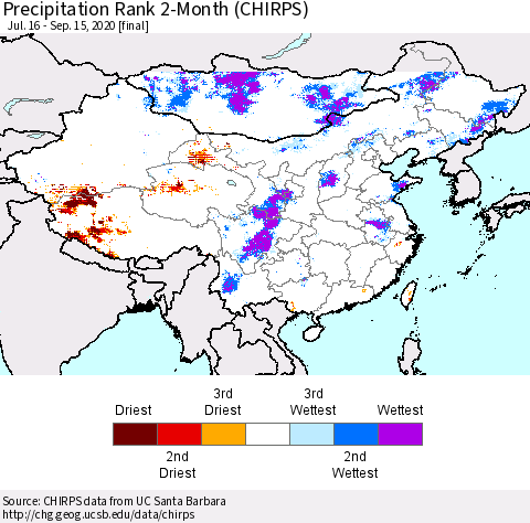 China, Mongolia and Taiwan Precipitation Rank since 1981, 2-Month (CHIRPS) Thematic Map For 7/16/2020 - 9/15/2020