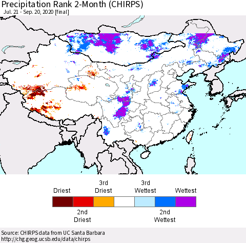 China, Mongolia and Taiwan Precipitation Rank since 1981, 2-Month (CHIRPS) Thematic Map For 7/21/2020 - 9/20/2020