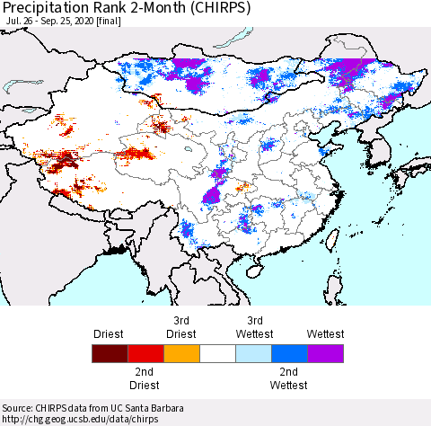 China, Mongolia and Taiwan Precipitation Rank since 1981, 2-Month (CHIRPS) Thematic Map For 7/26/2020 - 9/25/2020