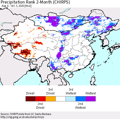 China, Mongolia and Taiwan Precipitation Rank since 1981, 2-Month (CHIRPS) Thematic Map For 8/6/2020 - 10/5/2020