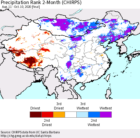 China, Mongolia and Taiwan Precipitation Rank since 1981, 2-Month (CHIRPS) Thematic Map For 8/11/2020 - 10/10/2020