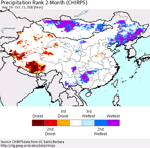 China, Mongolia and Taiwan Precipitation Rank since 1981, 2-Month (CHIRPS) Thematic Map For 8/16/2020 - 10/15/2020