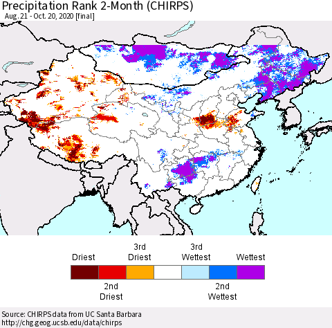 China, Mongolia and Taiwan Precipitation Rank since 1981, 2-Month (CHIRPS) Thematic Map For 8/21/2020 - 10/20/2020
