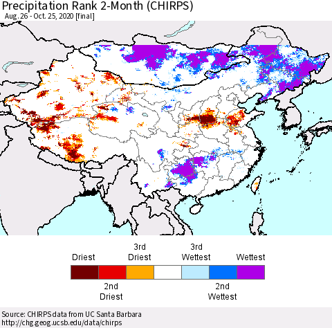 China, Mongolia and Taiwan Precipitation Rank since 1981, 2-Month (CHIRPS) Thematic Map For 8/26/2020 - 10/25/2020